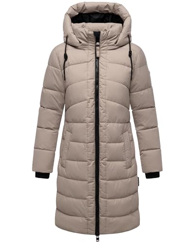 MARIKOO Damen Langer Wintermantel warmer Steppmantel mit abnehmbarer Kapuze Kaltnäschen 16 Light Taupe Gr. M