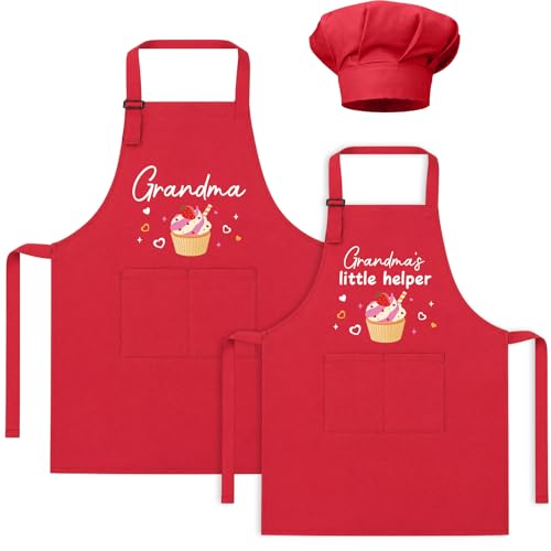 XLSXEXCL 2 Pack Adults Kids Matching Apron Set, Grandma and Me Adjustable Kitchen Aprons with Pockets Parent and Child Apron for Holiday Family Bonding Activities,Red