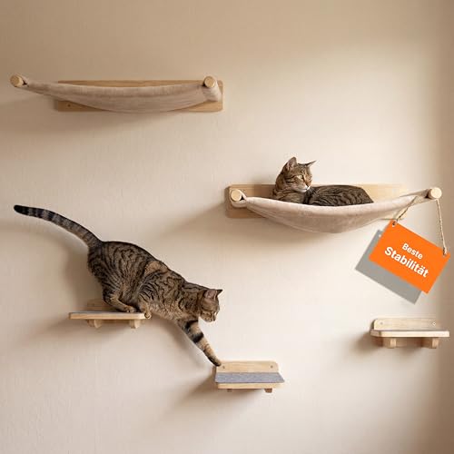 WOOWOOD® 2X Hängematte Katze inkl. 3X Katzentreppe Wand I Kletterwand Katzen I Katzenmöbel I Katzenwand I Katzen Kletterwand Set (5-teilig)