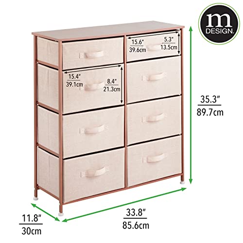 Mdesign 35.3" High Steel Frame/Wood Top Storage Dresser Furniture Unit, 8 Removable Slim Fabric Drawers - Tall Bureau Organizer For Bedroom, Living Room, Closet - Lido Collection, Light Pink/Rose Gold #TOP2