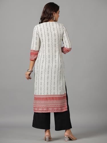 Image of Juniper White Ethnic Motif Printed Rayon Slub Kurta with Beads & Sequins