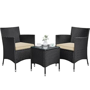 Yaheetech 3-Piece Patio Furniture Set, PE Wicker Rattan Conversation Set, 2-Piece Woven Rattan Chairs w/Side Table & Removable Cushions for Bistro/Porch/Garden – Black/Khaki