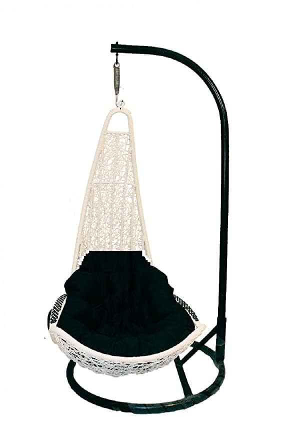 ANAND INDIA GROUPS Wicker Rattan Wrought Iron Single Seater Spoon Swing Chair with Stand for Adults| L Shape| Balcony| Patio| Indoor| Porch| Yard | Outdoor Furniture|White Swing_ Black Cushion