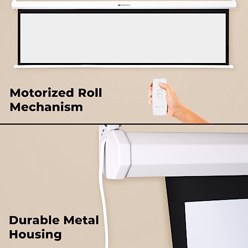 Image of ZEBRONICS PSM100A Motorised Projector Screen, 100 inches, Roll Mechanism, Supports 4K, Matte Finish, 4:3 Aspect Ratio, High Gain Fabric, Control Pod, Remote Control, Wall & Ceiling Mountable
