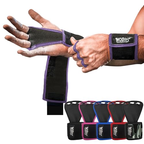 JerkFit WODies 3 Hole Gymnastics Grips with Wrist Support - Hand Grips, Latex Free Elastic Crossfit Grips for Weightlifting, Cross Training - Palm Protection Pull Up Grips for Men and Women Purple, L by JerkFit - Used condition - US$13.99