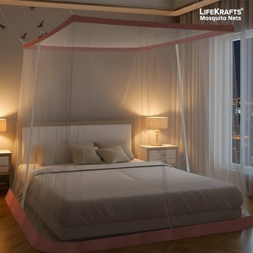 Image of LifeKrafts Bed Mosquito Net - Super King Size Polyester Machardani (7ft x 7ft,Elegant White with Pink Border) | Double Zipper Entry | Washable & Durable Net for Peaceful Sleep