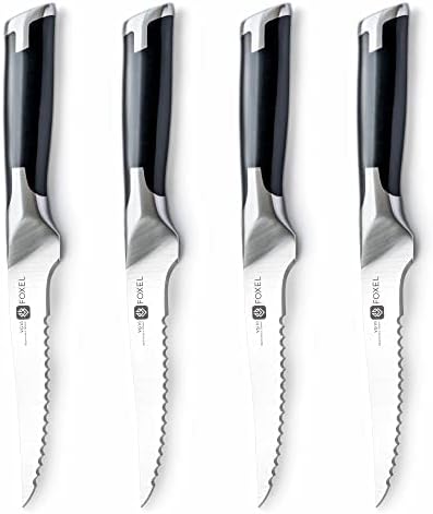 FOXEL Best VG10 Serrated Steak Knives Knife Set of 4, 8, or 12 - Rust Resistant Japanese High Carbon Steel Blade w/Full Tang Handle - Gift Box Set