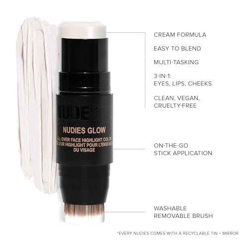 Nudestix Nudies Glow Cream Highlighter Bronze + Glow 3-in-1 All Over Face Colour for Eyes, Cheeks, Lips w/Blending Brush (Ice Ice Baby)