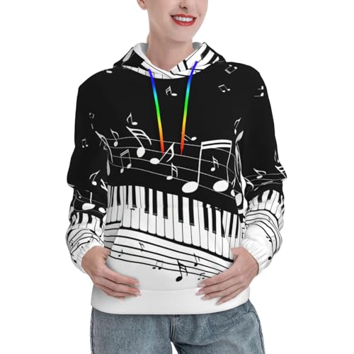 Sweat à capuche notes de musique EdWal pour femme - Pull ajusté noir et blanc à poche kangourou