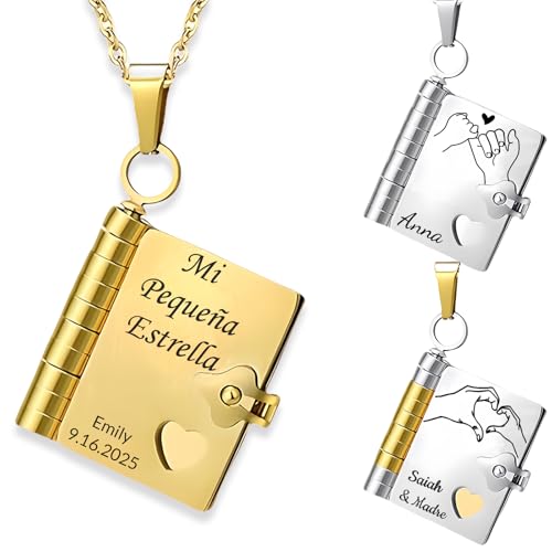 Collar Libro Para Mi Hija Personalizado Colgante de Libro Nieta Español Mi Pequeña Estrella Abierto con 6 Páginas de Información Grabada Collar Nombre Personalizado Regalo de Cumpleaños (A-1)