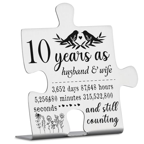 10 Years Anniversary Plaque Gift for Husband Wife, 10th Marriage Gift for Couple Ornament Decor Stainless Steel Puzzle Piece Decorative Signs Plaques YPP8