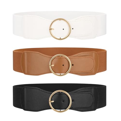WERFORU 3 Pack Women Elastic Stretchy Wide Belt for Dress Ladies Stretch Thick Waist Belt with Gold O Ring Buckle Black+Brown+White