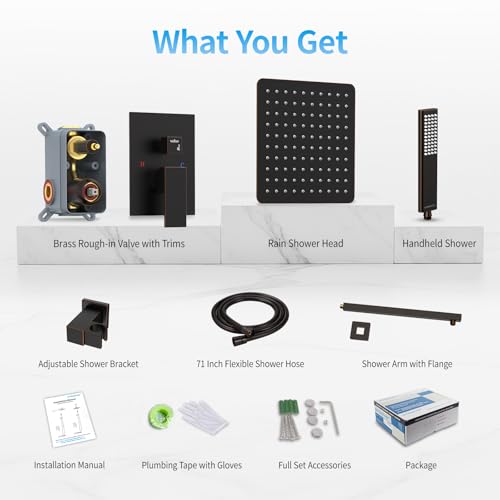 EMBATHER Oil Rubbed Bronze Shower System -10 Inches Shower Faucet Set with Square Rain Shower Head and Handheld High Pressure Shower Combo Set for Bathroom Wall Mounted (Contain Rough-in Valve & Trim) by EMBATHER - Used condition - Image 7