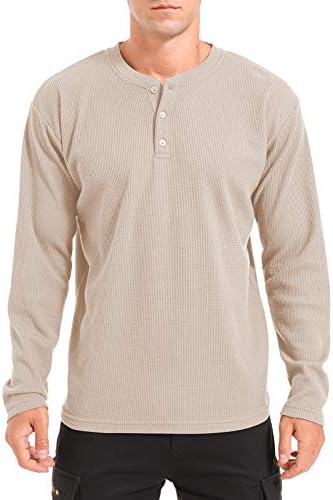 QUALFORT Men's Waffle Henley Shirt Lightweight Long Sleeve Classic Stitch Pullover Sweater Beige Large