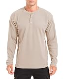QUALFORT Men's Waffle Henley Shirt Lightweight Long Sleeve Classic Stitch Pullover Sweater Beige Lar
