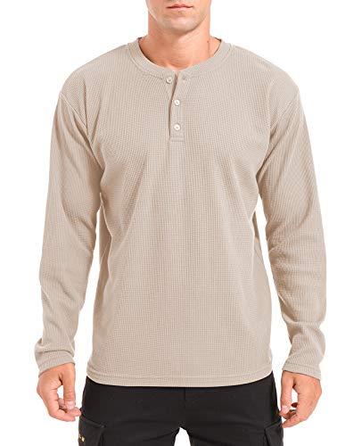 Qualfort Men's Waffle Henley Shirt Lightweight Long Sleeve Classic Stitch Pullover Sweater Beige Large #TOP4