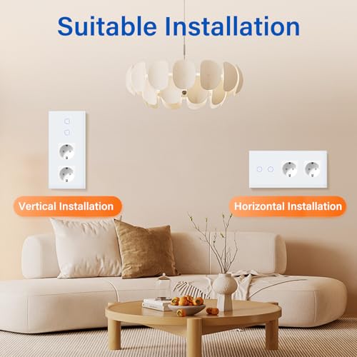 BSEED Touch Lichtschalter mit Schuko Steckdose mit LED Anzeiger 2 Fach 2 Wege Glas Lichtschalter mit Doppelt Wandsteckdosen Wei&szlig; 228mm