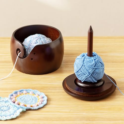 Baffect Wooden Yarn Bowl With Removable Yarn Holder Large Crochet Bowl With Lid And Handmade Holes 2 In 1 Knitting Bowls For Wool Spinnering And Storage(6.3 X 6.3 X 4.7in)