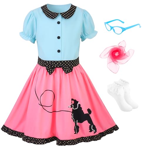 ZhouBoat 50s Outfit for Girls 1950s Girls Costume with Poodle Dress Scarf Socks Cat Eye Glasses for Halloween Party Dress Up (4-6 Years)