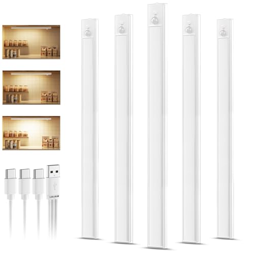 daphomeu 5 Stück wiederaufladbare Unterbauleuchte Küche led, 40cm Dimmbare Warme Schrankbeleuchtung, Nachtlicht mit Bewegungsmelder, Bewegungsmelder Innen für Küche, Treppen und Kleiderschränke