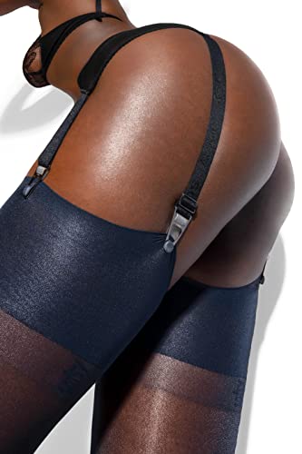 Sofsy Women Sheer Thigh High Stockings | Garter Belt Pantyhose | 15 Den [Made In Italy] (Garter Belt Not Included) - Navy Blue - Small #TOP1