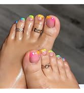 24Pcs Colorful French Press on Toe Nails Short QUNQINLI Fake Toenails with Rainbow French Ombre D...