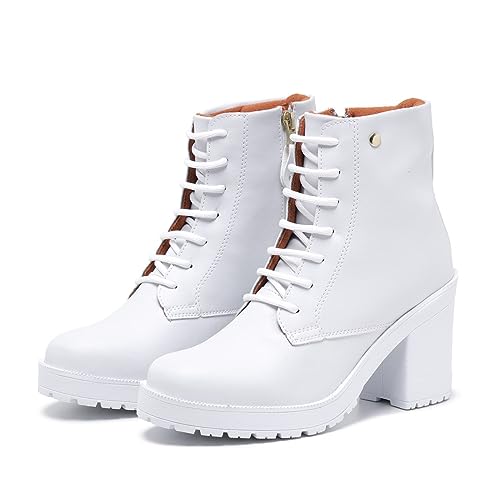 Bota Feminina Cano Curto Fashion Salto Alto Tratorado Confortável (35, Branco)