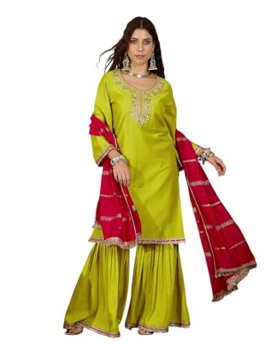 Image of Amazon Brand - Tavasya Women Silk Blend Zari Sequence and Thread Embroidered Kurta with Sharara Set |Ethnic Wear