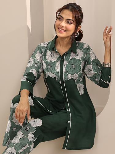 Image of Libas Green Printed Cotton Co ords set for Women | daily wear | casual wear | office wear