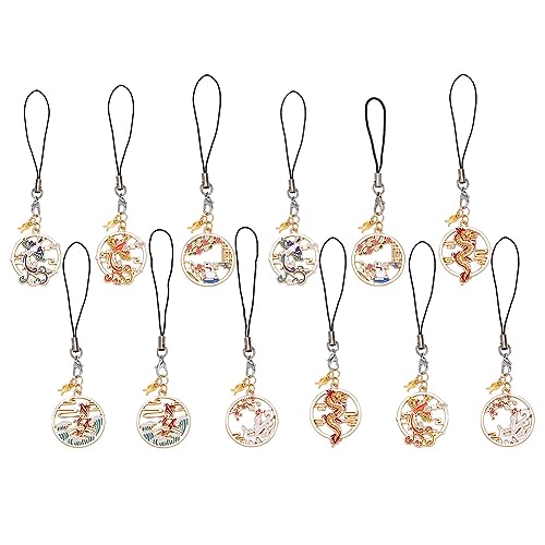 DELORIGIN 12pcs Chinese Style Phone Charms, 6 Styles Enamel Mobile Phone Straps Dragon Lanyard Charms Hanging Accessories for Keychain Phone Case Car Key Bag Backpack Purse Decoration
