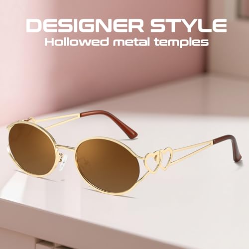 SODQW Retro Oval Sunglasses for Women Trendy Metal Frame Round Designer Sun Glasses with Heart Accents UV Protection — view 6