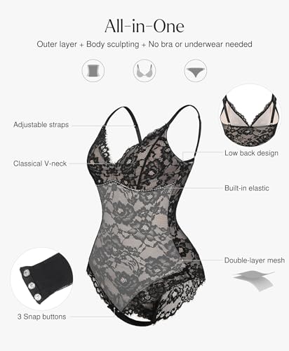 Popilush Shapewear Bodysuit V Neck Tummy Control Backless Lace Tank Tops Sleeveless Thong Bodysuit