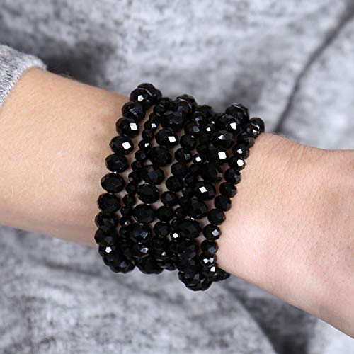 Riah Fashion Bohemian Multi-Layer Beaded Stacking Statement Bracelets - Versatile Stretch Strand Sparkly Crystal Beads Wrap Slip-On Cuff Bangle Set (7 Layer Sparkly Beads - Black) #TOP1