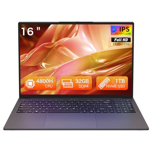 Auusda 16'' Laptop Ryzen 7- 4800H (2.9GHz up to 4.2GHz), 32GB RAM, 1TB SSD, Win 11 Pro, Wifi 6, BT5.3, USB 3.0*2, HDMI, Type-C*2, with Backlit Keyboard, Fingerprint Unlock, for Business/Students, Gray