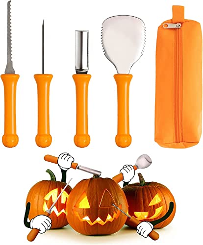 Juego de 4 herramientas de calabaza profesional de acero inoxidable para decoración de calabaza con bolsa de almacenamiento para fiestas de Halloween y decoración de calabaza DIY Cover