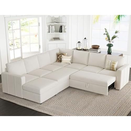 Belffin Modular Sectional Sofa with Sleeper Sofa Couch Pullout Bed, Oversized U Shaped Sleeper Sectional Couch with Storage Seat for Living Room, Beig