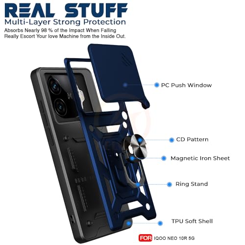 Image of Armor Bumper Back Cover Case for iQOO Neo 10R 5G Rotating Camera Cover, Ring Holder & Kickstand | Heavy Duty & 360 Degree Protection iQOO Neo 10R 5G Back Cover (Blue)
