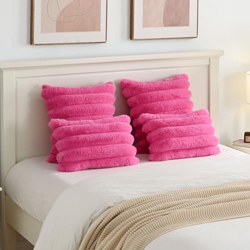 FUTEI Hot Pink Decorative Throw Pillow Covers 24x24 Inch Set of 2, Square Soft Faux Rabbit Fur Thick Striped European Cushion Covers,Spring Home Decor for Couch Bed Living Room by FUTEI - Used condition - Image 6