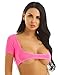 iEFiEL Women's Mesh See Through Sheer Open Bust Short Sleeve Belly Dance Crop Top Hot Pink One Size
