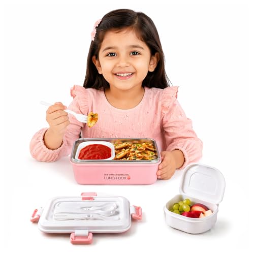 Image of WISHKEY Plastic BPA Free Stainless Steel Medium Size Lunch Box with Separate Container, a Spoon & a Fork, Soft Color Tiffin Box & Cutlery Accessories for Kids & Adults, 500 ml, Pink, 6+Years(Set of 1)