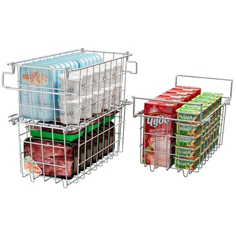 KIKIBRO Freezer Organizer Bins - Fit 10 to 20 Cu.FT Deep Freezer, Stackable Chest Freezer Organizer Sort Frozen Food and Easily Get with Handle, 2 Pack + 1 Pack Chest Freezer Bins Cover