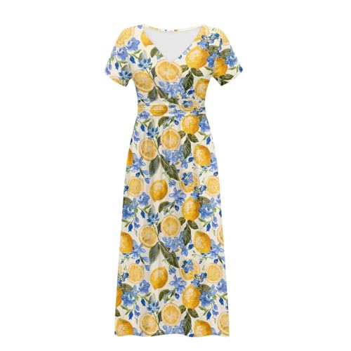 Image of Women's Fall Summer Short Sleeve Ankle Length V-Neck Party Dress with Pockets Size S-3XL