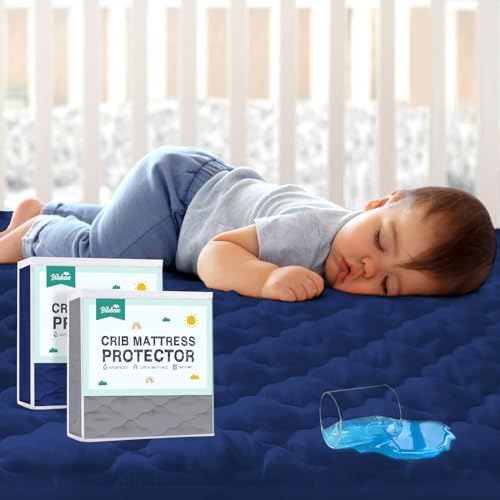 Image of 2 Pack Crib Mattress Protector Sheets Fitted Waterproof Crib Mattress Pad Cover, Noiseless & Machine Wash 100% Absorbent Crib/Toddler Mattress Protector Sheet Quilted, Gray&Navy, 52" x 28"
