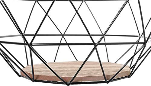 Black Geometric Metal Wire Wooden Base Decorative Storage Display Basket Fruit Bowl