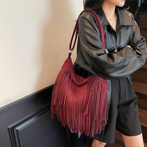 Image of Women Vintage Suede Fringe Hobo Bag Tote Shoulder Bag Crossbody Bag and Hippie Western Cowgirl Purse Shoulder Bag
