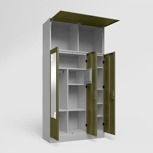Image of Godrej Interio Almirah Slimline 3-Door Steel Almirah, Cupboard for Clothes (Royal Ivory and Olive Branch), 1-Year Warranty, 7 Shelves, with Over Head Unit, 1 Locker, Star Design Mirror