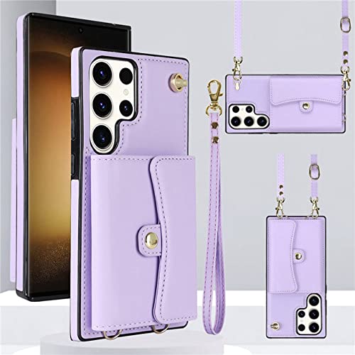 Lanyard étui en cuir Samsung S22 Plus avec porte-carte violet style chic