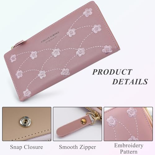 Ladies Wallets, PU Leather Womens Wallet Credit Card Holder for Women and Girls, Long Wallet Women's Wallets with Flower Embroidery for Bank Cards, Cash, Receipts (pink)3