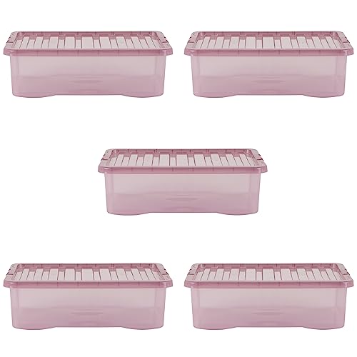 Image of Wham Crystal 5 x 32L Stackable Plastic Storage Boxes with Lids | Ideal for Home, Office, Toys & More | Medium Boxes | Made in UK - Dusky Orchid