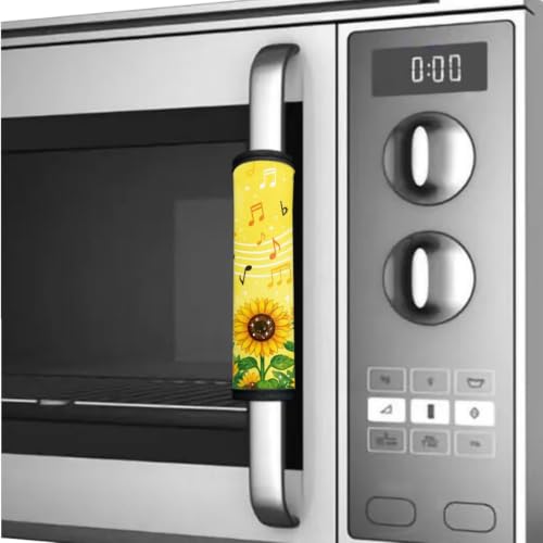 Image of Fridge Door Handle Covers Set of 6 Kitchen Appliance Decor Handles Glove Anti-Slip Protectors Washable Fabric Refrigerator Decor Accessories, Sunflower Musical Note Yellow